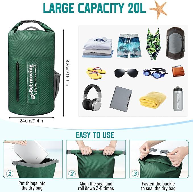 BKNOOU Dry Bag Waterproof for Women Men, 10L/20L Roll Top Lightweight Dry Storage Bag Backpack for Travel, Kayaking, Boating, Rafting, Camping, Hiking and Beach, with Phone Case (Military green, 20L)