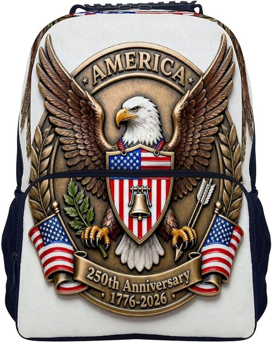 Men Women Lightweight 250 Years 1776-2026 250th Birthday Eagle Liberty Art Backpack Large Capacity Bookbag With Smooth Zippers for Gym Business Running