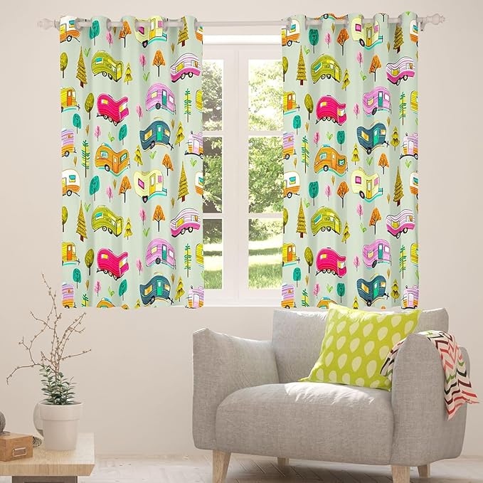 Feelyou Vintage Camper Curtains for Bedroom Living Room RV Travel Trailer Blackout Darkening Drapes Green Camping Theme Window Treatments, 2 Panels 42 x 90 Inch Room Decor