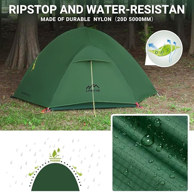 2 Person Lightweight Backpacking Tent,Ultralight Portable 20D Waterproof Nylon Tent for Camping，4.4LB 3 Season Backhiking with 7001 Aluminum Poles and V-Shaped Aluminum Floor Spike