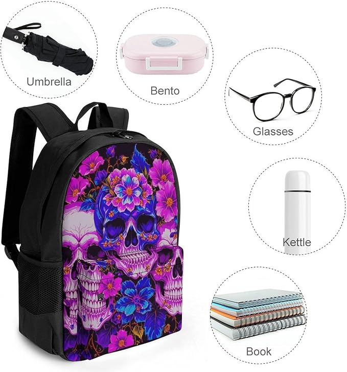 Daypack Backpack Anti-Theft Multipurpose Big Capacity Bookbag, Purple Psychedelic Mexican Sugar Skulls Day Of The Dead Floral Flowers Business Computer Bag With Side Pockets