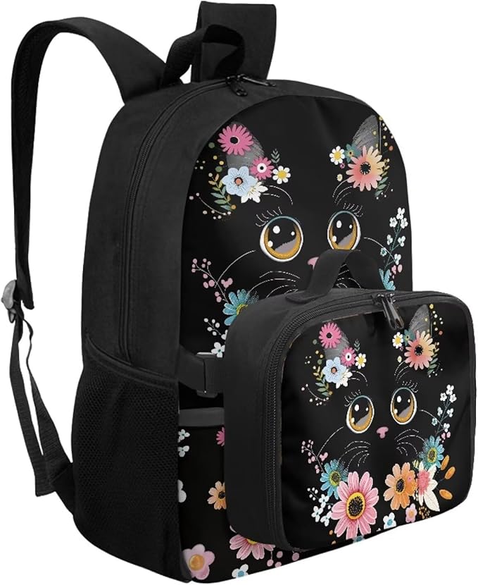 HUGS IDEA Floral Cat Backpack for Girls Cute Bookbag for Kids School Backpack for Girls with Lunch Box Lightweight School Bag for Elementary Students Hiking Rucksack
