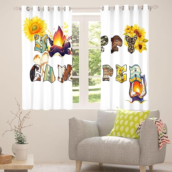 Erosebridal Happy Camping Window Drapes Animal Fur Print Camouflage Blackout Curtains 52"Wx84"L Country Campfire Flowers Curtains for Bedroom Living Room,Woodland Farmhouse Window Treatments 2 Panels