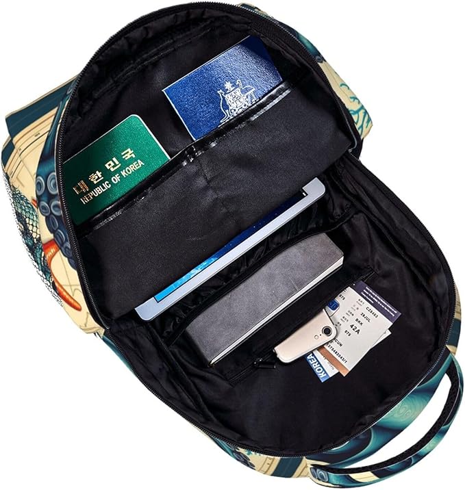 Backpack Polyester Anti-Theft Multipurpose Retro Octopus Art Bookbag Large Capacity Laptop Book Bag Rucksack With Side Pockets