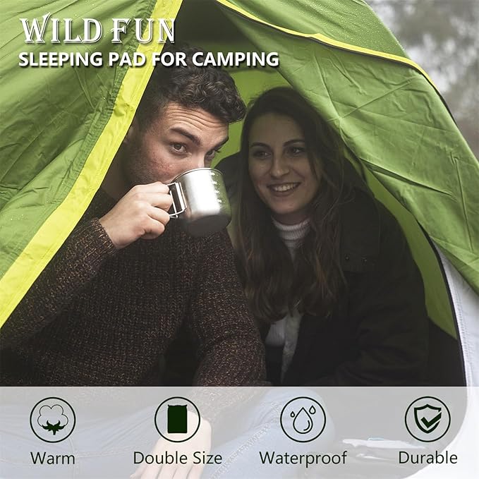 WILD FUN Double Sleeping Pad, 2in Camping Mattress 2 Person with Pillow, 5R Suede Insulated Self Inflating Camping Pad, Air Mattress Inflatable Sleeping Mat for Backpacking,Hiking(Deep Green)