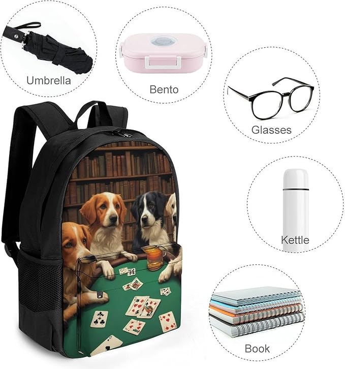 Men Women Polyester Dogs Playing Poker Cards Library Funny Dog Daypack Bookbag Big Capacity Shoulder Bag With Padded Straps for Climbing Travel Walking Cycling