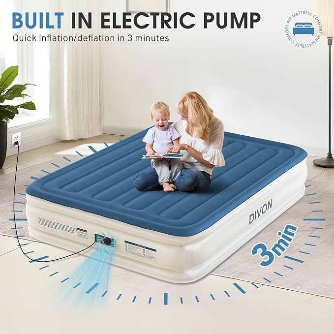 DIVON Air Mattress Queen with Built in Pump,15''High Inflatable Mattress,Quick Blow Up Mattress in 3 Mins,Upgraded Air Bed for Home, Guests & Camping,660lbs