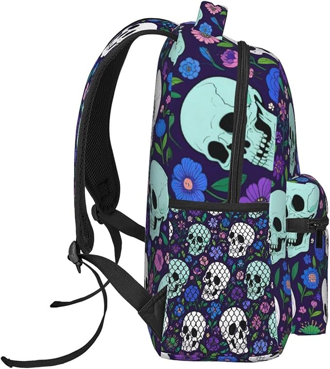 Men Women Polyester Flower Skull Purple Backpack Large Capacity Bookbag With Smooth Zippers for Climbing Picnic Bicycle