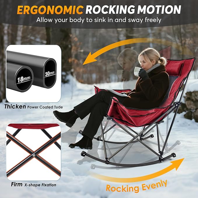 Suteck Heated Rocking Camping Chair - Fully Thicker Padded Heated Chairs for Outdoor Sports W/3 Heat Levels for Back & Seat, Heated Folding Chair for Adults with Carry Bag- Battery NOT Included