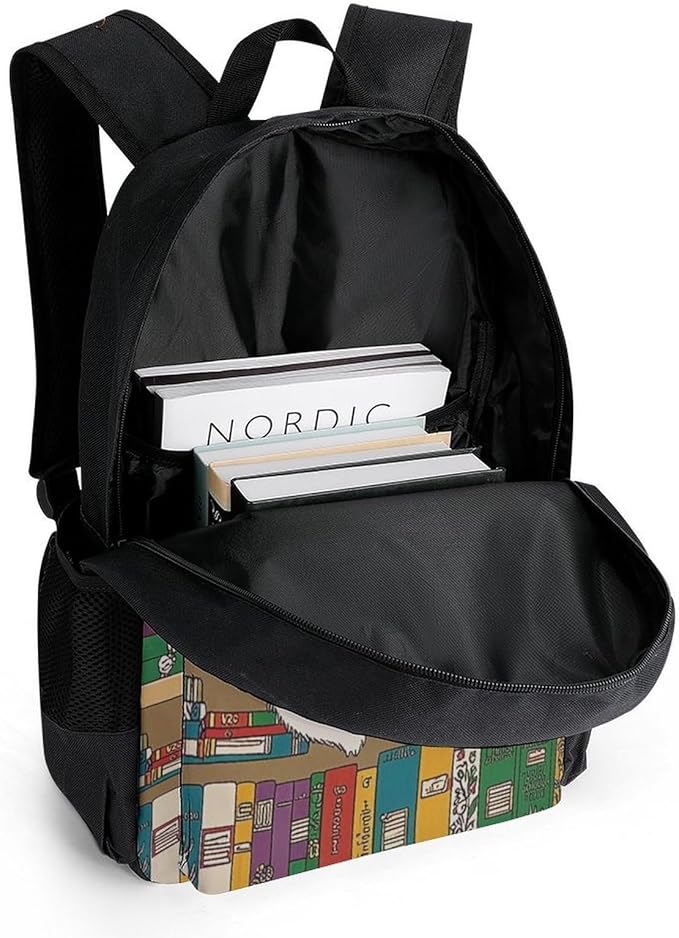 Backpack Polyester Multipurpose Anti-Theft Nerd Book Lover Kitty Sleeping Over Bookshelf In Library Shoulder Bag Big Capacity Gym Outdoor Hiking Backpack With Padded Straps