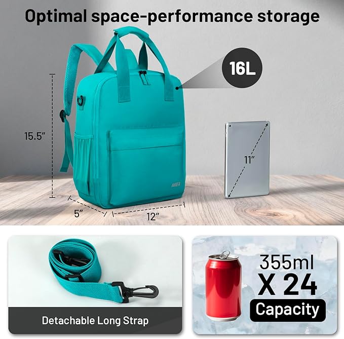 MIER Backpack Cooler 24 Cans Insulated Double Deck Soft Coolers Bag Lightweight Lunch Back Pack Women Men for Beach Travel Work Fishing,Teal