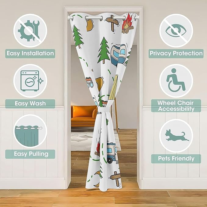 Happy Camping Door Curtain For Doorway Privacy for Kids Adults - Rustic RV Camper Blackout Curtain Cute Pine Trees Campfire Tent Door Drape Outdoor Adventure Theme Window Treatment 34"W x 80"L