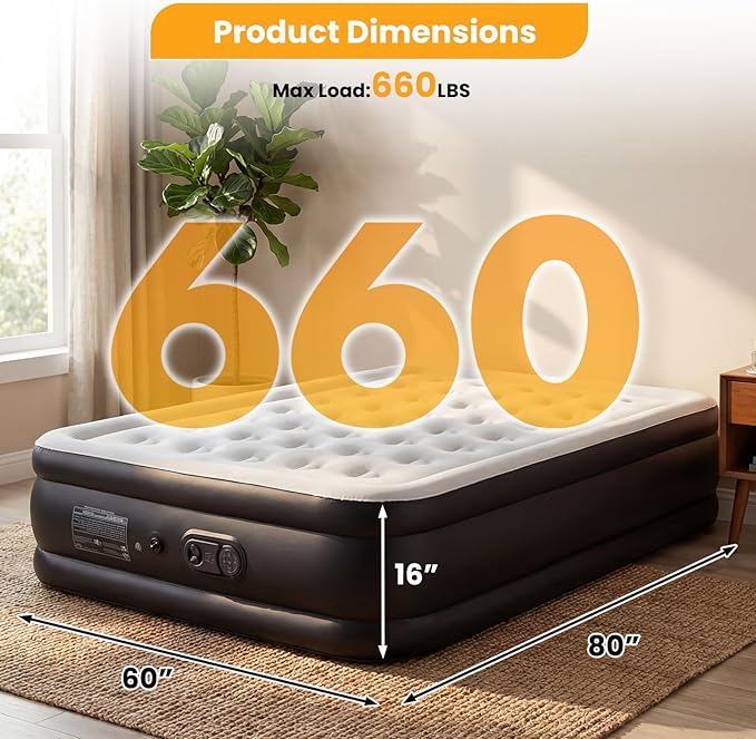 NEWBULIG Queen Air Mattress 16 Inch with Built-in High Capacity Pump, Inflatable Air Bed for Home, Camping & Guest, Portable Blow Up Mattress 660 lbs Weight Capacity, Double Height & Non-Slip Bottom