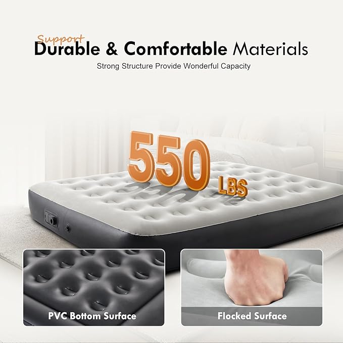 DIMAR GARDEN Queen Size Air Mattress with Built-in Pump, Inflatable Flocked AirBed Blow Up Mattress