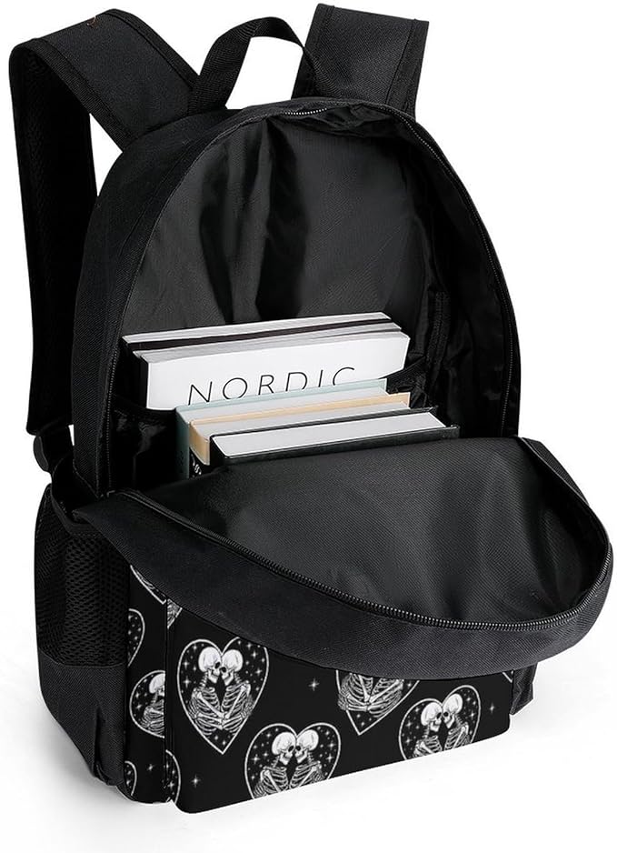 Supdreamc Men Women Lightweight Black White Love Kiss Skull Skeleton Casual Daypack Big Capacity Bookbag With Padded Straps for Gym Travel Walking Cycling