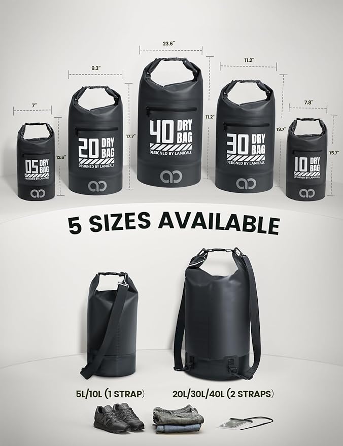 Lamicall Small Dry Bag, Waterproof Bag - [Durable & Floating] 5L/10L/20L/30L/40L Water Proof Bag with Waterproof Phone Pouch, Keeps Gear Dry Sack for Kayak Swim Boat Paddle Boarding Hiking Fishing