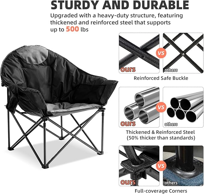 Oversized Camping Chair with Cup Holder & Carry Bag - 500lbs Heavy Duty Moon Saucer Chair for Outdoor, Lawn, Sports, Patio - Padded Folding Sofa Chair, Black & Gray