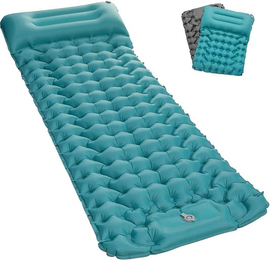 Inflating Sleeping Pad Mattress for Camping: Inflatable Camping Bed with Built-in Foot Pump for Tent - 4" Extra Thick Mat Air Cot for Floor - Blue