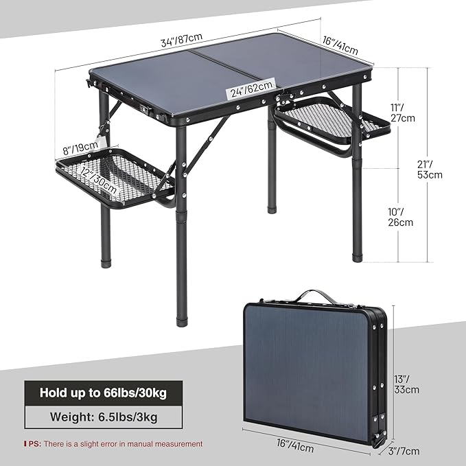RedSwing Small Folding Table 2ft, Adjustable Height with Extra Space, Lightweight and Portable Aluminum Frame Camping Table for Outdoor Indoor Picnic, Black