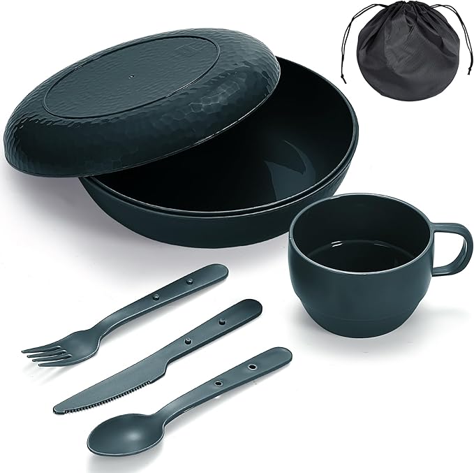 Berglander Camping Mess Kit with Bowl, Plate, Cup, Spoon, Fork, Knife and Carry Bag, Plastic Camping Accessories Essentials Gear for Travel, Camping, Picnic, Outdoor, Easy to Carry & Store