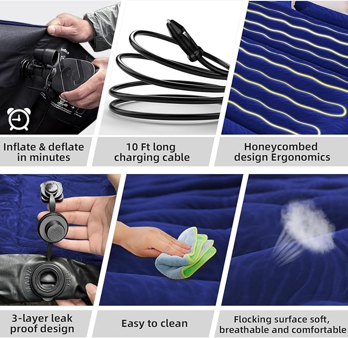 Umbrauto SUV Camping Air Mattress: Inflatable Car Bed for Back Trunk Sleeping with Air Pump, Flocking Surface, Heavy-Duty 210T Bottom, Includes Pillows, Repair Kit, Storage Bag & 3-in-1 Nozzles