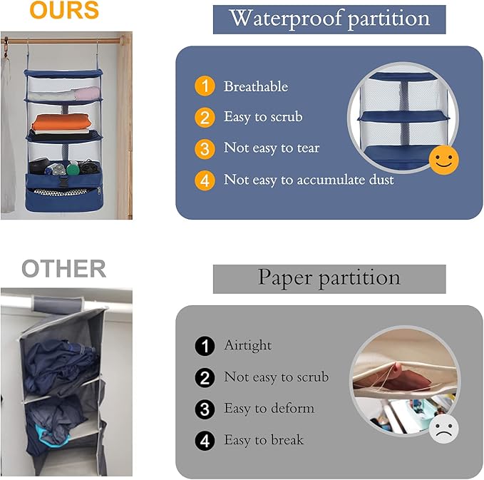 Surblue Hanging Closet Storage Bag Collapsible 3-Shelf Washable Oxford Fabric with 2 Hooks (L 11.41 * 11.41 * 19.68in, Snow)