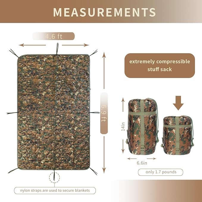 GRVCN Military Blanket - Camping Sleeping Bag with Zipper, Poncho Liner Thermal Insulated Blanket, Lightweight Portable Outdoor Hiking Survival Compression Carry Bag