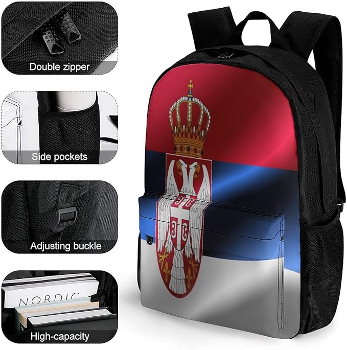 Men Women Polyester Flag Of Serbia Daypack Big Capacity Shoulder Bag With Smooth Zippers for Hiking Work Walking Cycling