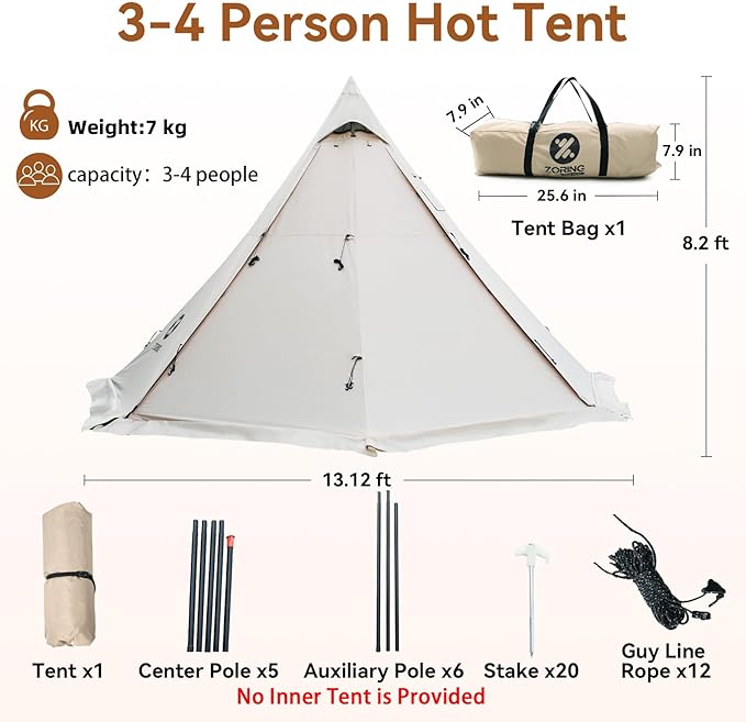 Hot Tent with Stove Jack, 4 Season 3-4 Person Tipi Tent for Camping, 8.2ft Standing Room with Snow Skirt, Cold Weather Shelter for Family Fishing, Hiking, Hunting, Backpacking