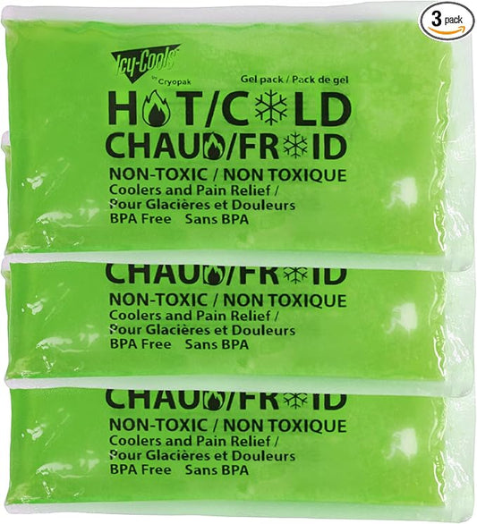 ICY-COOLS 3 Pack Reusable Hot or Cold Gel Ice Packs for Injuries, Multipurpose Ice Packs for Lunch Boxes, Long-Lasting Cold Therapy for Pain Relief, 4 x 8 Inches (Green)