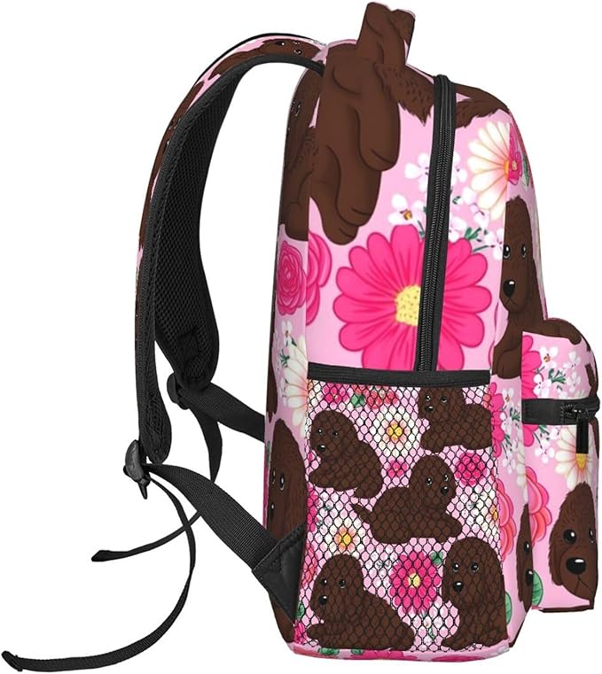 Lightweight Daypack Bookbag for Trekking Business Walking Cycling, Big Capacity Anti-Theft Multipurpose Carry On Bag, Golden Retriever Dog Pink Flower Business Computer Bag