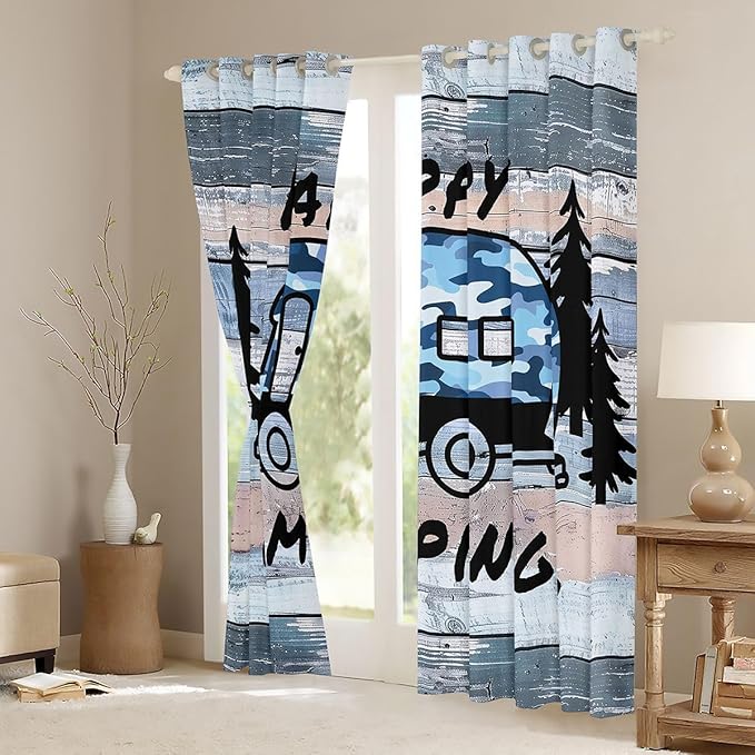 Camper Adventure Blackout Curtains,RV Trailer Pine Tree Natural Rustic Window Drapes,Wooden Plank Cottage Farmhouse Nursery Bedroom Playroom Decor,Camo Blue 2 Panels,42Wx84L inch