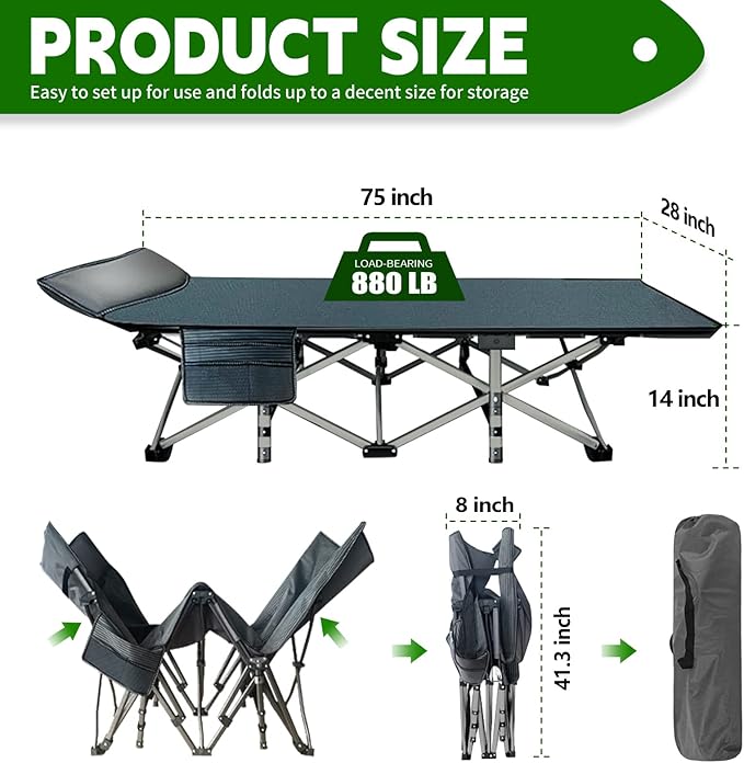 NAIZEA Folding Camping Cots for Adults, Portable Cot with Mattress Heavy Duty Outdoor Bed with Carry Bag 1200d Oxford Cloth Sleeping Cots for Camping Office Nap Home Guest Beach Travel