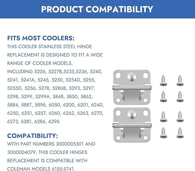 4-Pack Cooler Stainless Steel Hinge Replacement for Coleman Ice Chest - Compatible with Models 5235, 5250, 5286B, 6262, 6270 - Camping Cooler Accessories Includes 16 Screws