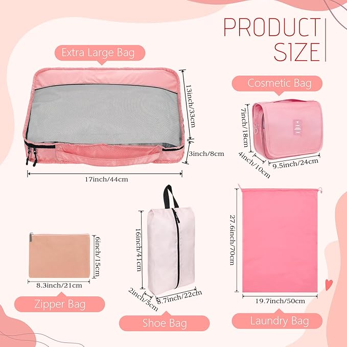 9 Pcs Packing Cubes Set for Travel with Waterproof Clothing Cubes Toiletry Shoe Laundry Jewelry Bag for Women Men(Light Pink)