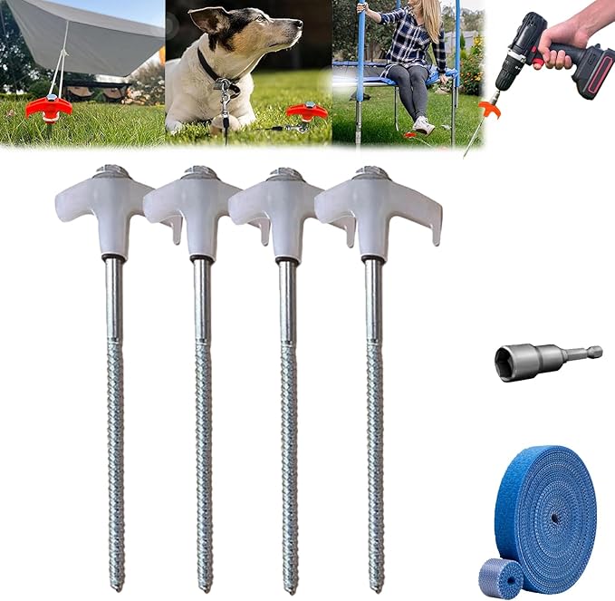 Screw in Tent Stakes,Tent Stakes Heavy Duty Screw,Hex Pegs Drillable Tent in Ground Anchors with 1 Hex Head Driver,Metal Stakes for Trampoline,Tent,Canopy,Dog Anchors (4, White)