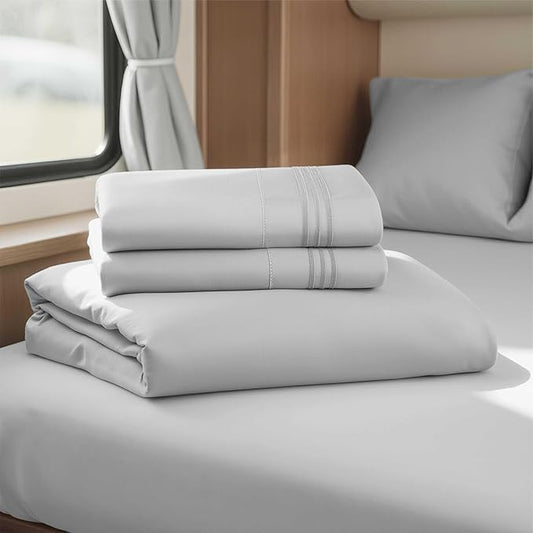 Hearth & Harbor Short Queen Sheets for RV, Light Grey RV Queen Sheets, Silky Soft 1800 Microfiber Bed Sheet for Camper, 4 Piece RV Bedding with Pillowcases