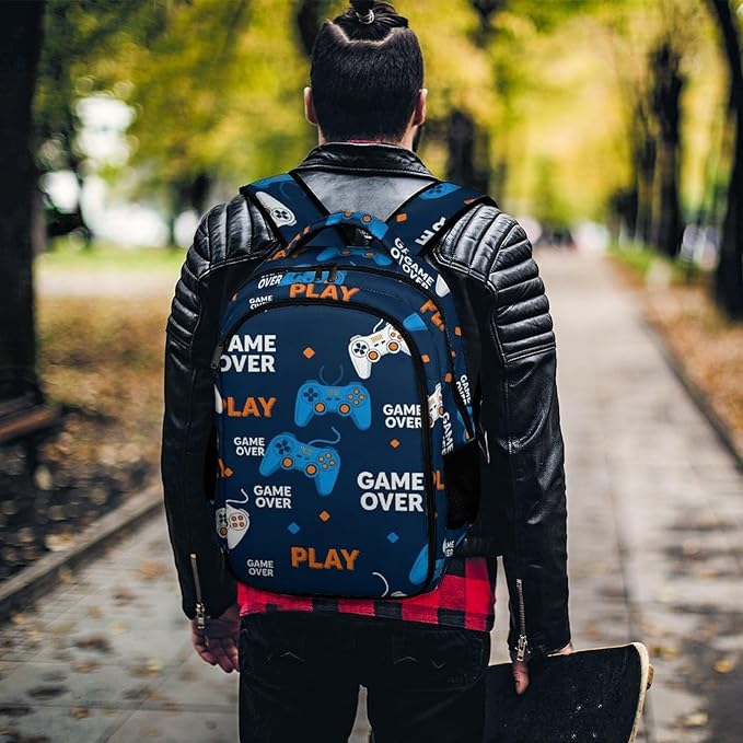 Water Resistant College Bookbag Play Video Game Weapon Games Art, Sturdy Laptop Backpack with Water Bottle Pockets for Men Women Travel Work