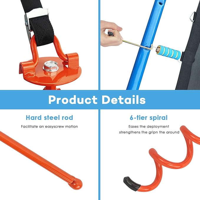 MIXXIDEA 17.5 Inch Gound Anchors Screw in, Metal Spiral Earth Anchors Kit, Heavy Duty Folding Ring Spiral Stake with Straps, Ground Stakes for Tent (Orange, 17.5 Inch with 92in Strap)