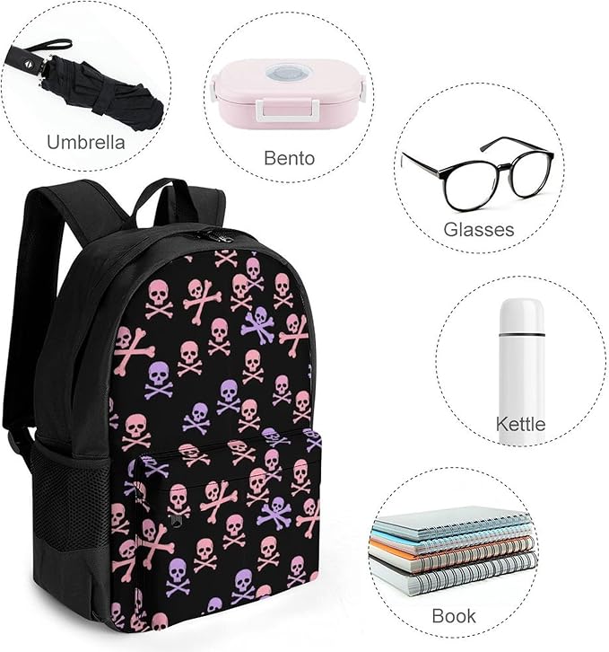Polyester Daypack for Camping Travel Walking Cycling, Big Capacity Anti-Theft Multipurpose Bookbag, Purple Pink Crossbones Skulls Camping Outdoor Backpack