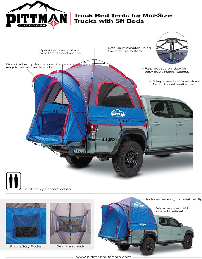 Pittman - Truck Bed Tent with EZ-UP Design - Truck Tent for Camping - Includes Rain Fly, Extra Wide Entry, Oversize Air Mesh & Porch Cover - Premium Truck Bed Camper