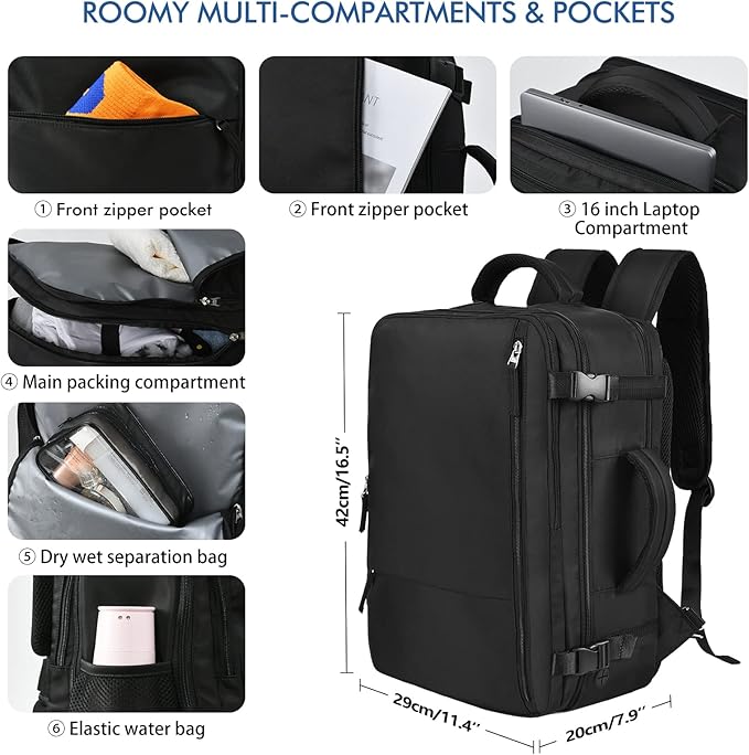Beraliy Travel Backpack for Men Women, Carry On Backpack, 16 Inch Laptop Backpack, Waterproof School Backpack, Casual Outdoor Daypack College Bag, Black