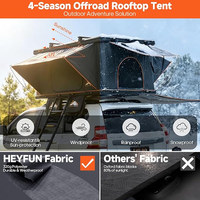 Pioneer Pro Rooftop Tent Hard Shell with USB Outlet, Summer Side Awning, Winter Thermal Liner&Luggage Racks for 4 Season Camping, Aluminum Pop Up 2-3 Person Roof Tent for Truck Jeep SUV Van Trailer