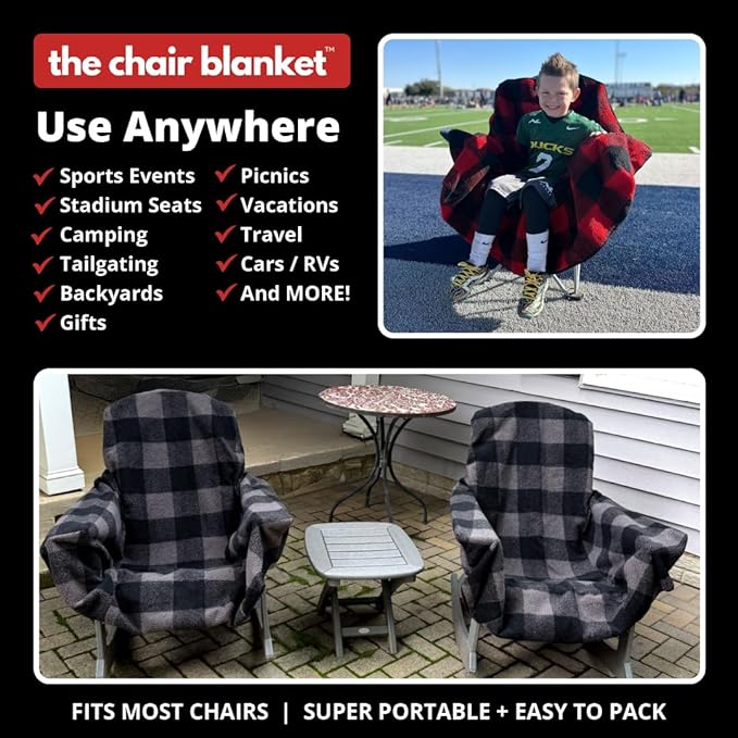 The Chair Blanket – Reversible, Waterproof & Sherpa-Lined - Stretchable Elastic Back - Original Patio Chair Cover – Ideal for Homes and Outdoor Furniture- with Carry Pouch – Gray Plaid