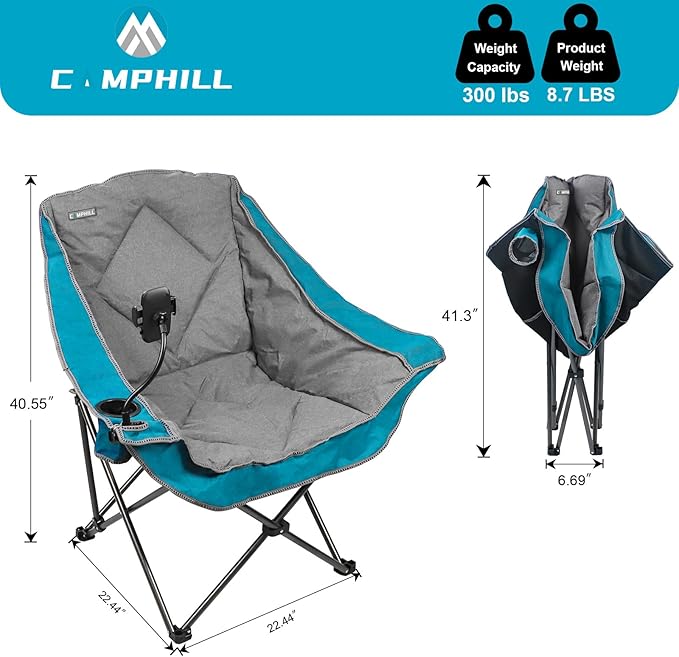 CAMPHILL Folding Camping Chair,Oversized Portable Camping Chair with Cup Holder and Phone Holder,Heavy Duty Padded Lawn Chair for Camping,Tailgates,Beach,and Sports,Lake Blue