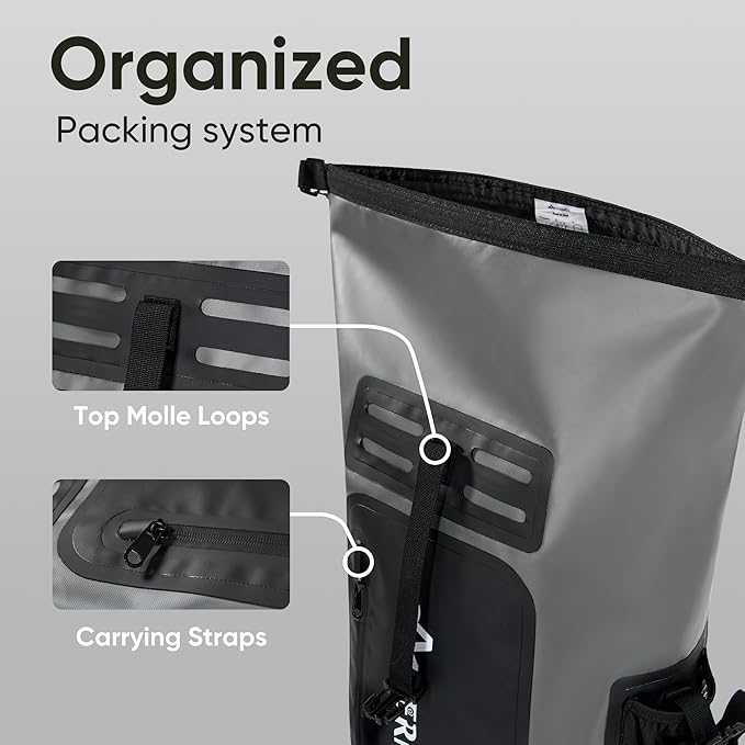 Dry Bag 35L for Men & Women Roll-Top Hiking Backpack with IPX8 Waterproof Phone Case & Detachable Mini Backpack for Kayaking Boating Cushioned Padded Back Grey