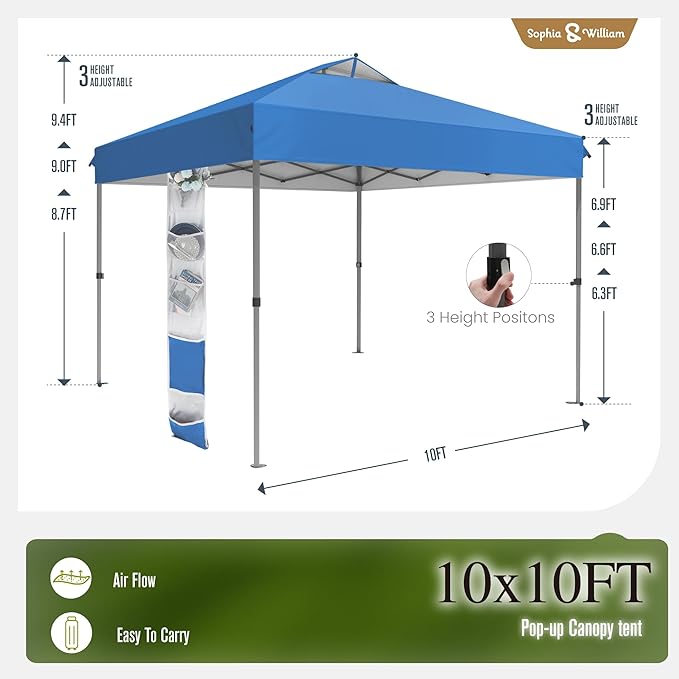 Sophia & William Canopy Tent Pop Up 10x10 ft One Person Push Set Up Tent, Outdoor Canopies Shelter Heavy Duty Straight Legs with 4 Sandbags & Guy Ropes, 1 Roller Bag & Storage Bag, 8 Stakes UPF50+