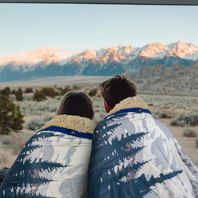 Outdoor Camping Blanket with Sherpa Lining, Extra Warm Thick Camp Blankets and Puffy Ultralight Soft Poncho DWR Camping Quilt for Cold Weather, Adventure, Sleeping, Backpacking 78"x 56"