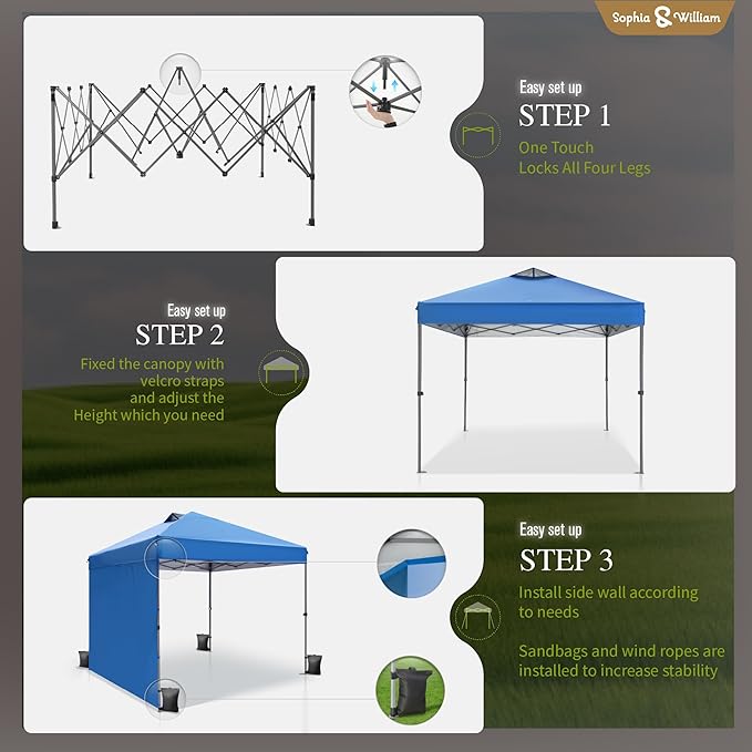 Canopy Tent Pop Up 10x10 ft One Person Push Set Up Tent, Outdoor Canopies Shelter Heavy Duty Straight Legs with 1 Sidewall & 4 Sandbags, 1 Roller Bag & Storage Bag, 8 Stakes & 4 Guy Ropes UPF50+, Blue