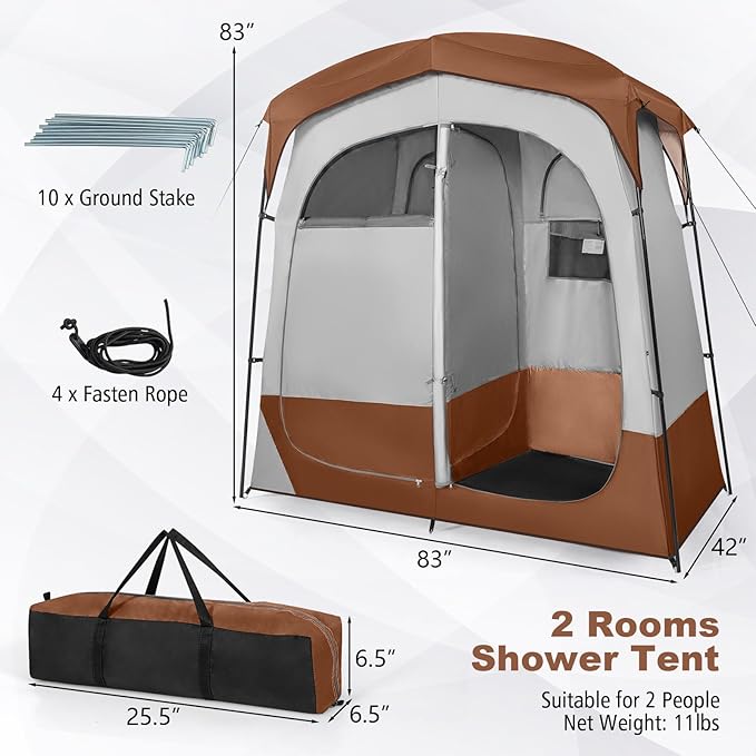 LDAILY Camping Shower Tent, 2 Room Instant Privacy Tent with Floor, Removable Rain Cover, Mesh Window, Inside Pocket and Clothesline, Portable Changing Room for Outdoor Toilet, Dressing